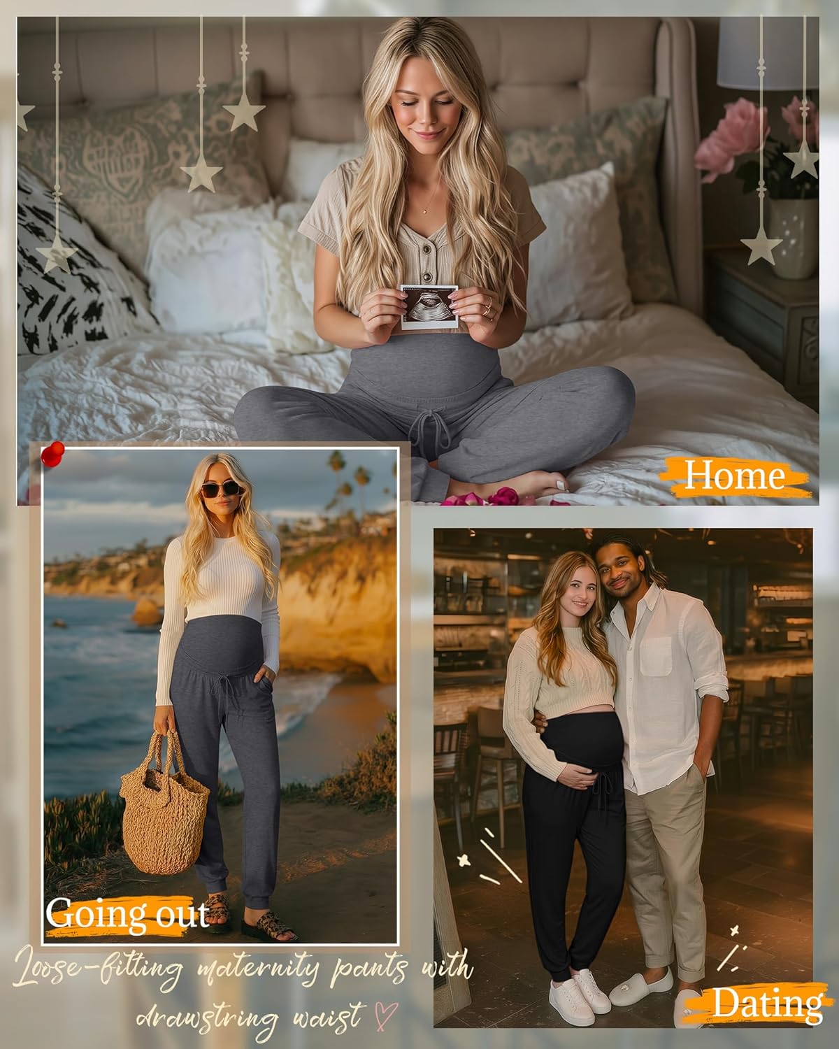 3 Pack Women's Maternity Pants Over Belly Maternity Casual Pants Loose Drawstring Pregnancy Joggers with Pockets(Black, Light Heather Gray, Dark Heather Gray,Small)