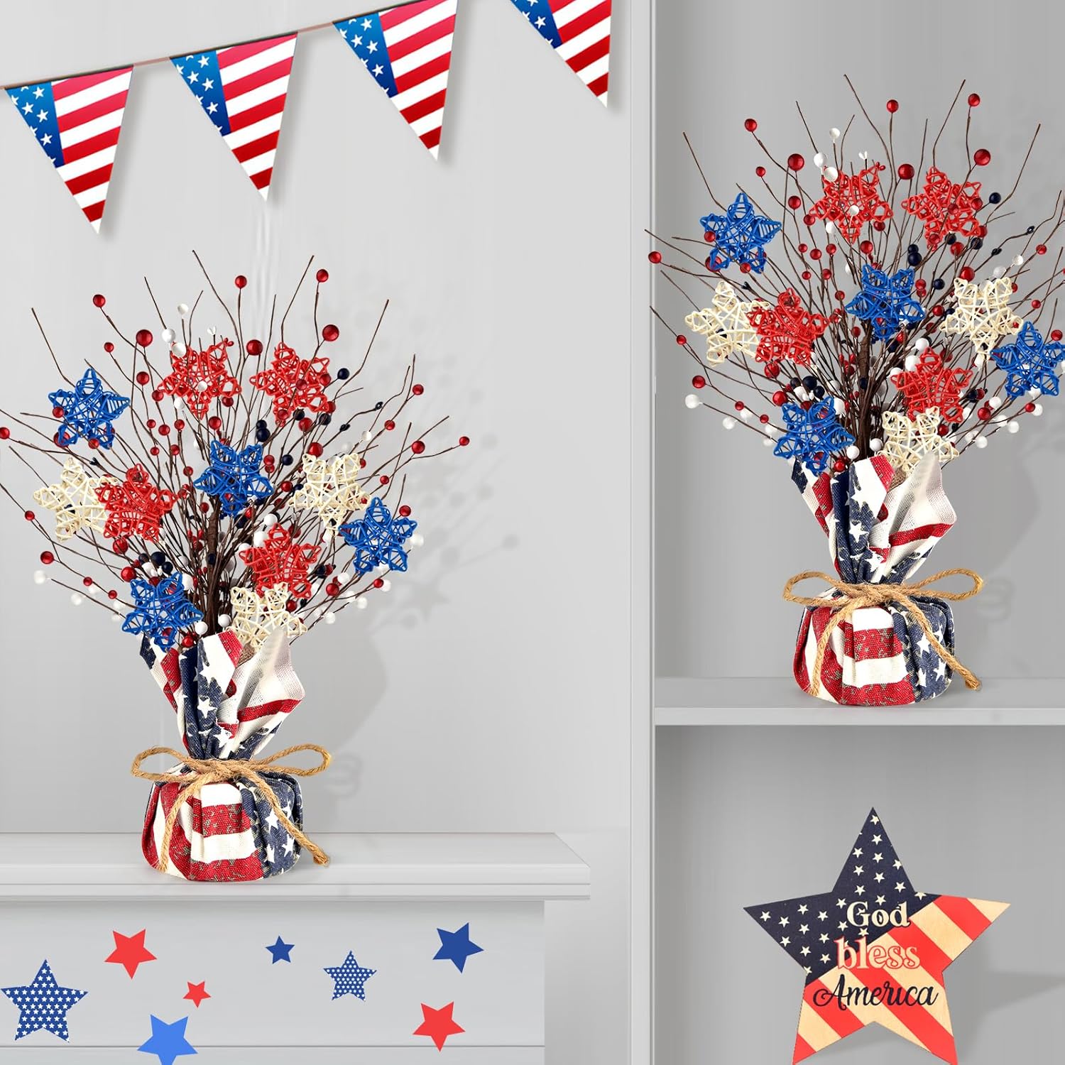 2 Pcs 4th of July Artificial Tree Tabletop Decor Patriotic Tree Red Blue White Artificial Berry Stem Picks Star Shaped Rattan Balls America Flag Cotton Base Farmhouse Tree for Independence Day