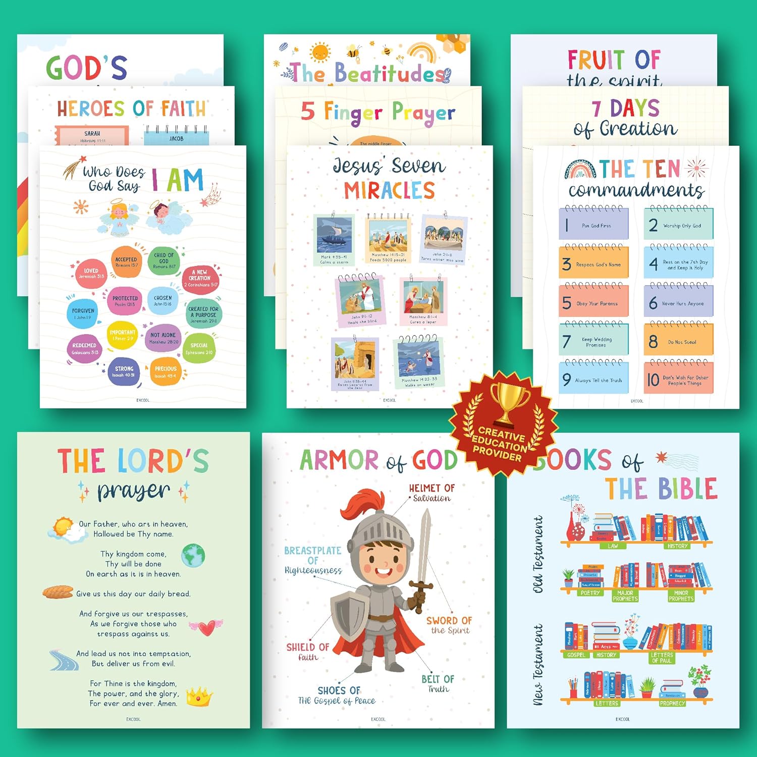 Excool Club Sunday School Decorations For Classroom - 24 Book Of The Bible Posters For Kids, Ten Commandments Fruit Of The Spirit Wall Art, Bible Study Supplies For Christian Classroom Decor (11"x17")