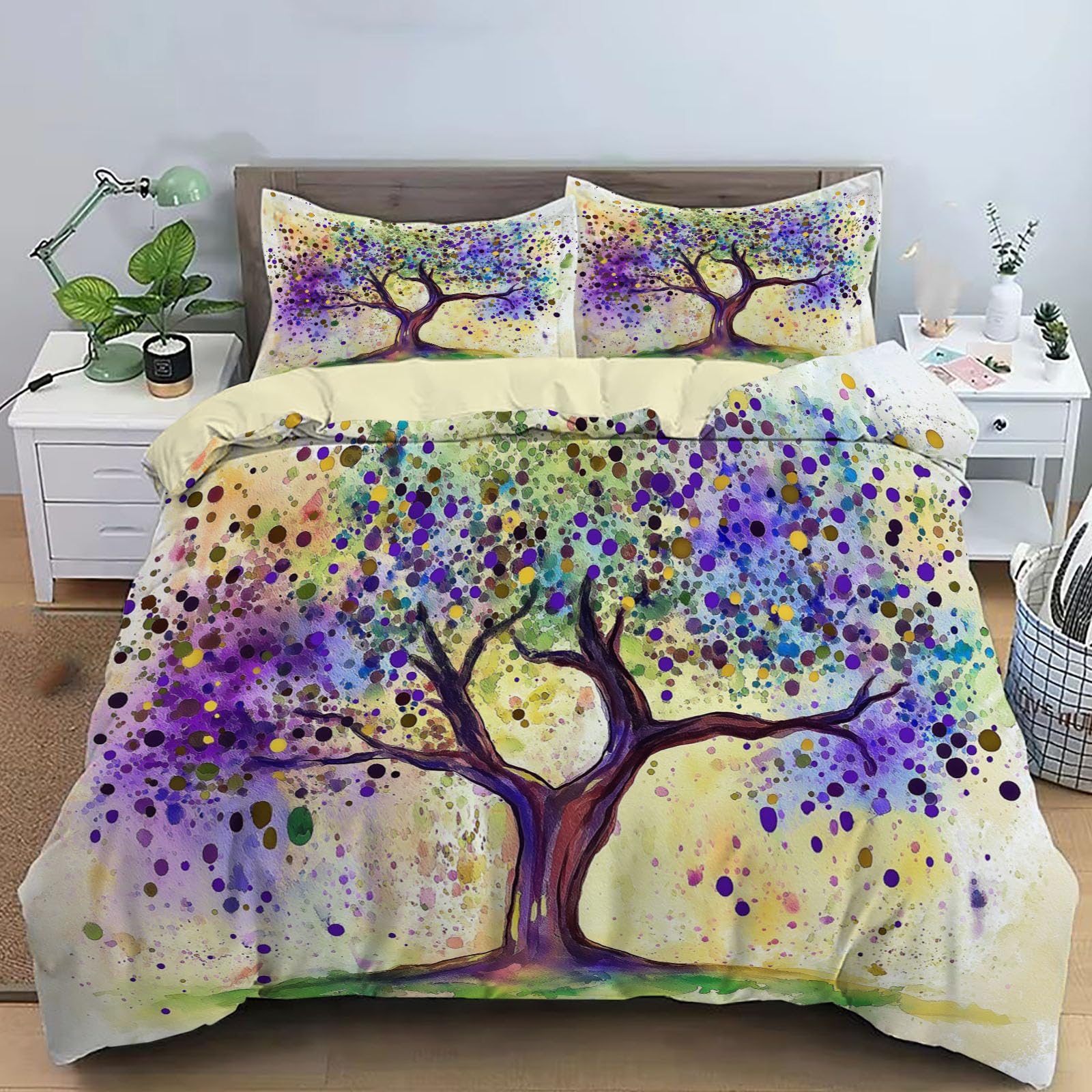 Housse de couette 200x200 violet vert encre avec parure de lit pois olivier