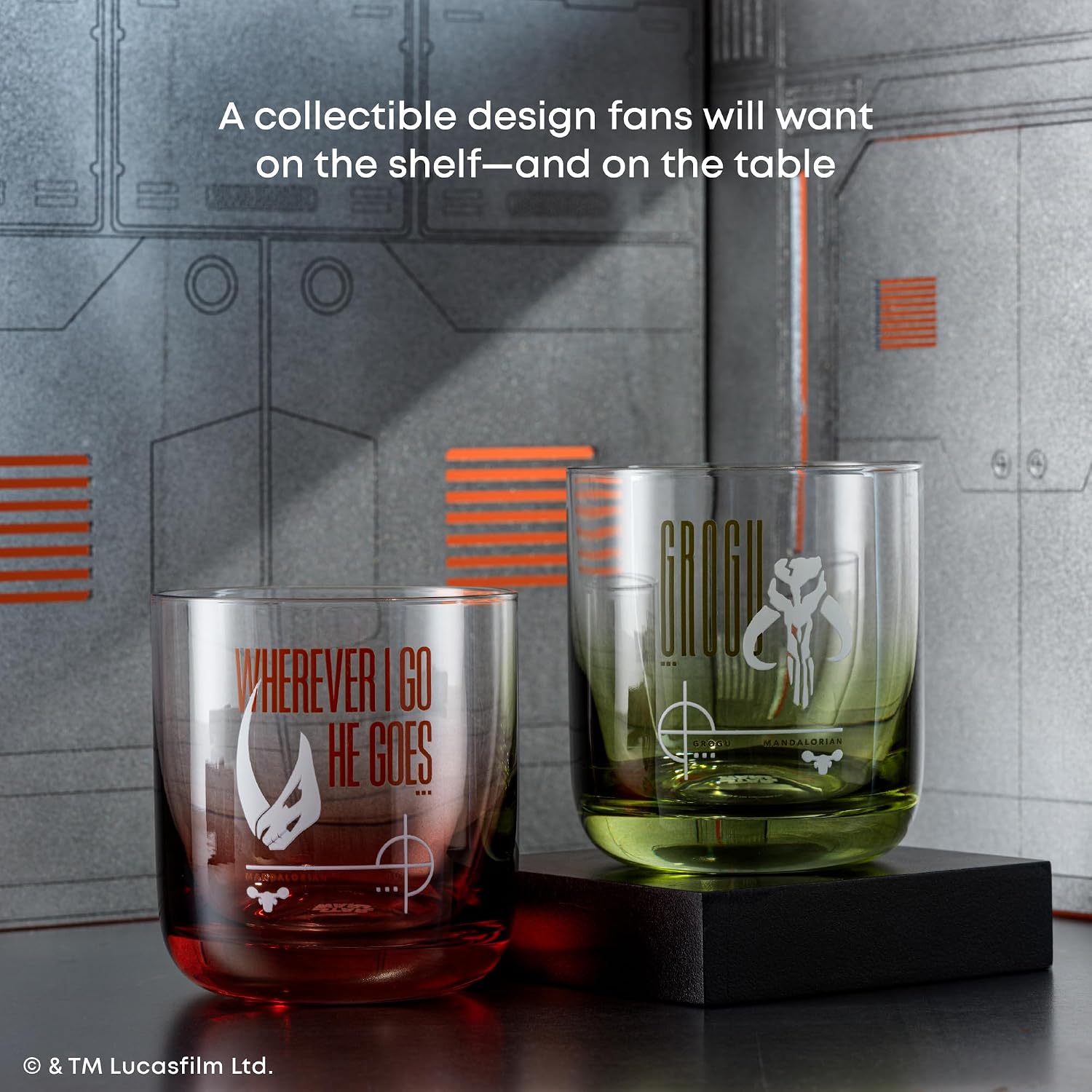 JoyJolt Star Wars Grogu Mandalorian Short Drinking Glasses Set of 2, 10 oz Small Glass Tumblers, Colored Glass Cups Set, Official Star Wars Gifts Collectible