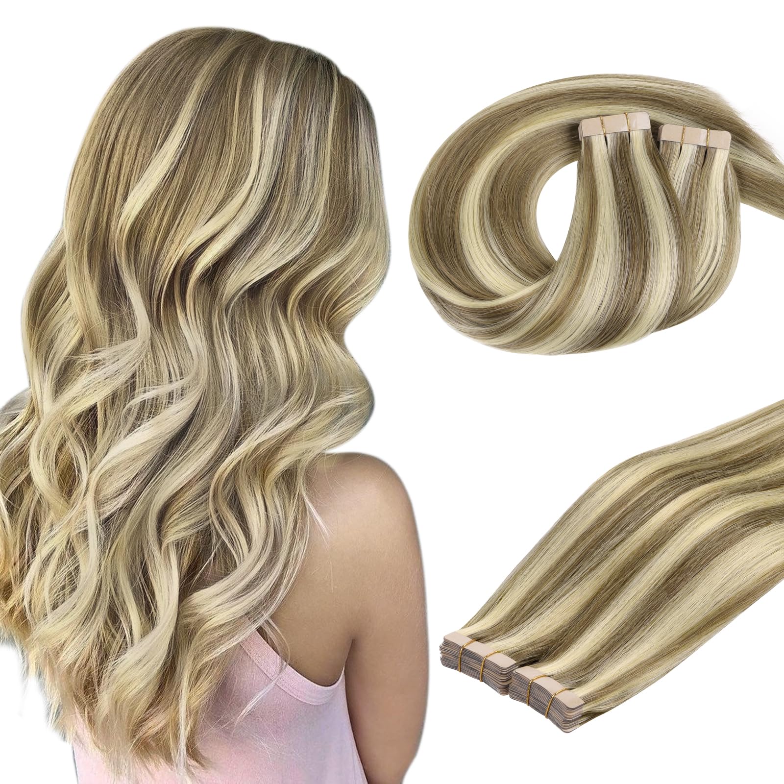 DOORES Tape in Human Hair Extensions, Light Brown Highlighted Medium Blonde 20 Inch 100g 40pcs, Seamless Tape in Hair Invisible
