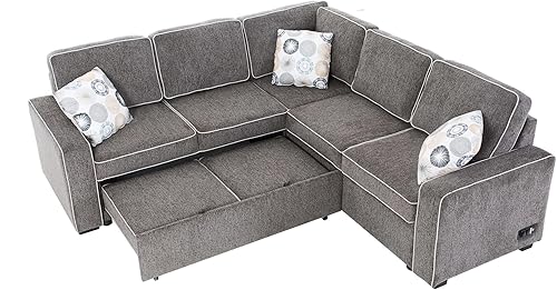 Evedy Sofá cama convertible de 83 pulgadas con sofá extraíble, moderno sofá cama tapizado de lino de 5 plazas en forma de L con puerto de carga USB,