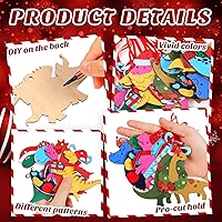 Vista 7 de Remerry 48 piezas de adorno de dinosaurio de Navidad para niños, figuras de dinosaurio de madera, adorno colgante para árbol de Navidad