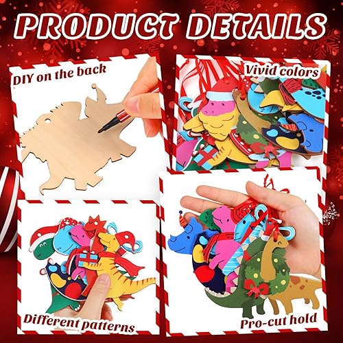 Miniatura 7 de Remerry 48 piezas de adorno de dinosaurio de Navidad para niños, figuras de dinosaurio de madera, adorno colgante para árbol de Navidad para