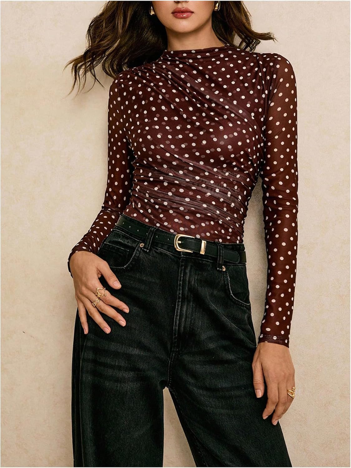 Milumia Women's Mock Neck Polka Dots Top Elegant Long Sleeve Mesh Ruched Fitted Tops - Image 2