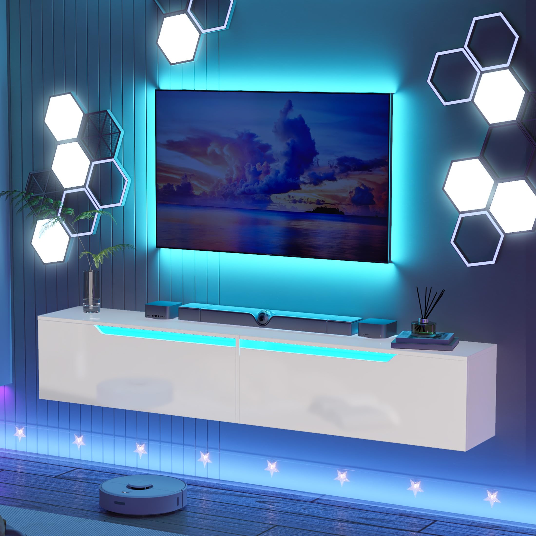 Hängender TV-Schrank mit LED-Leuchten, TV-Ständer TV-Konsole Unterhaltungszentrum mit 2 Aufbewahrungsschränken für das Wohnzimmer, 16 Farben können eingestellt Werden, 175 x 32 x 30cm (Weiß)