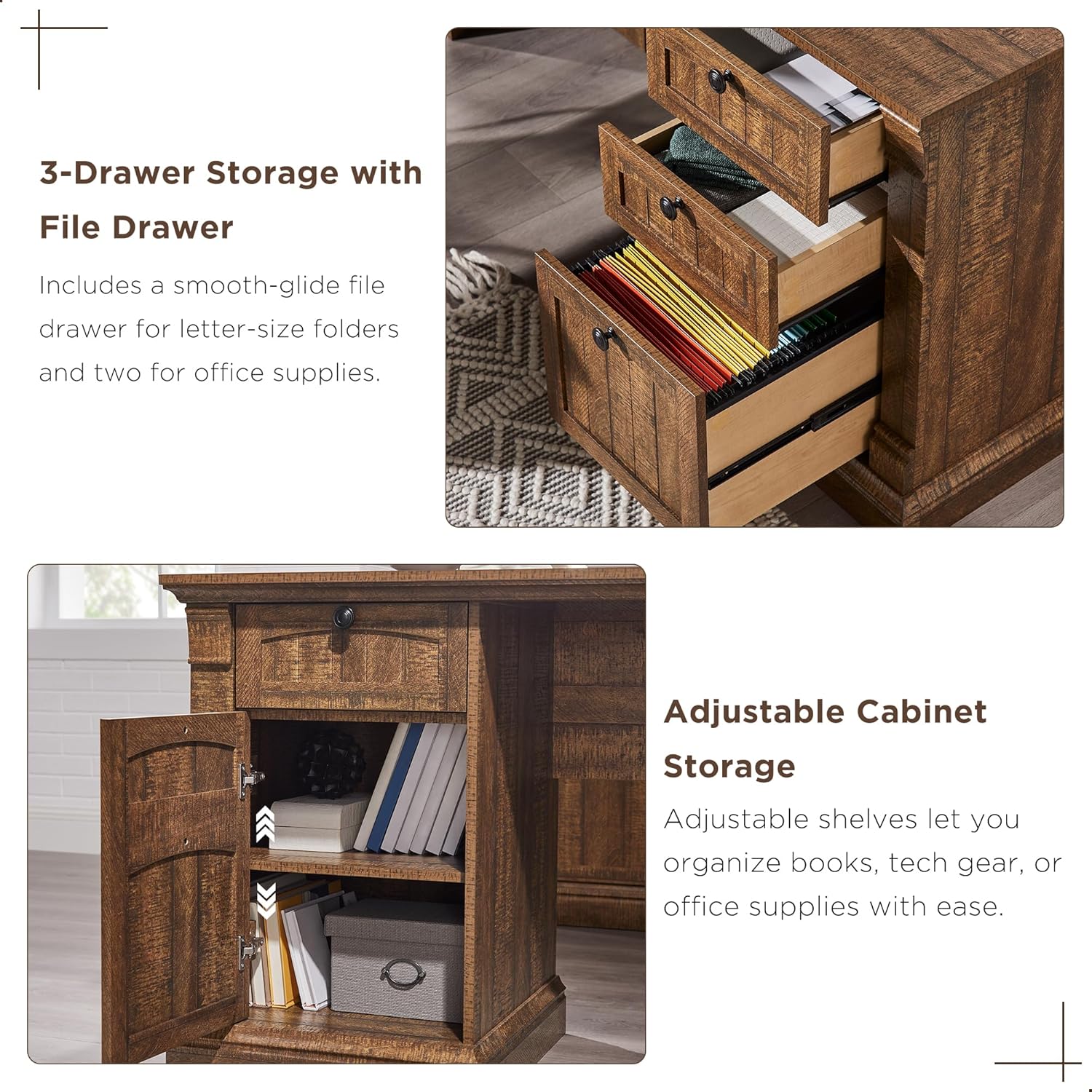 Detail of the 3-drawer storage with file drawer and adjustable cabinet storage