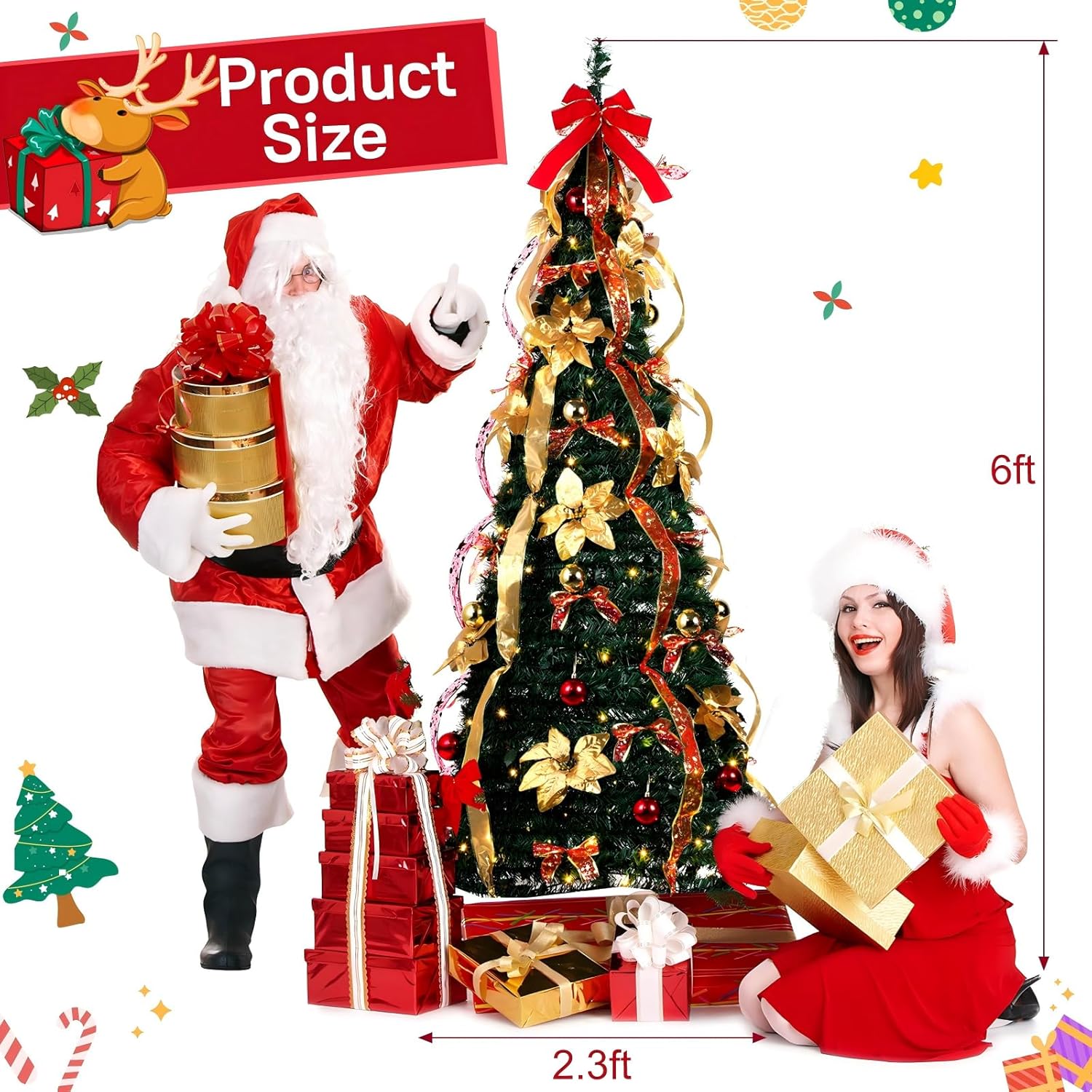 6 ft Christmas Tree Pop up Pre lit with Lights Artificial Prelit Decorated Holiday Pull up Christmas Tree with Red and Gold Decorations Easy Assembly for Xmas Home Fireplace Decor
