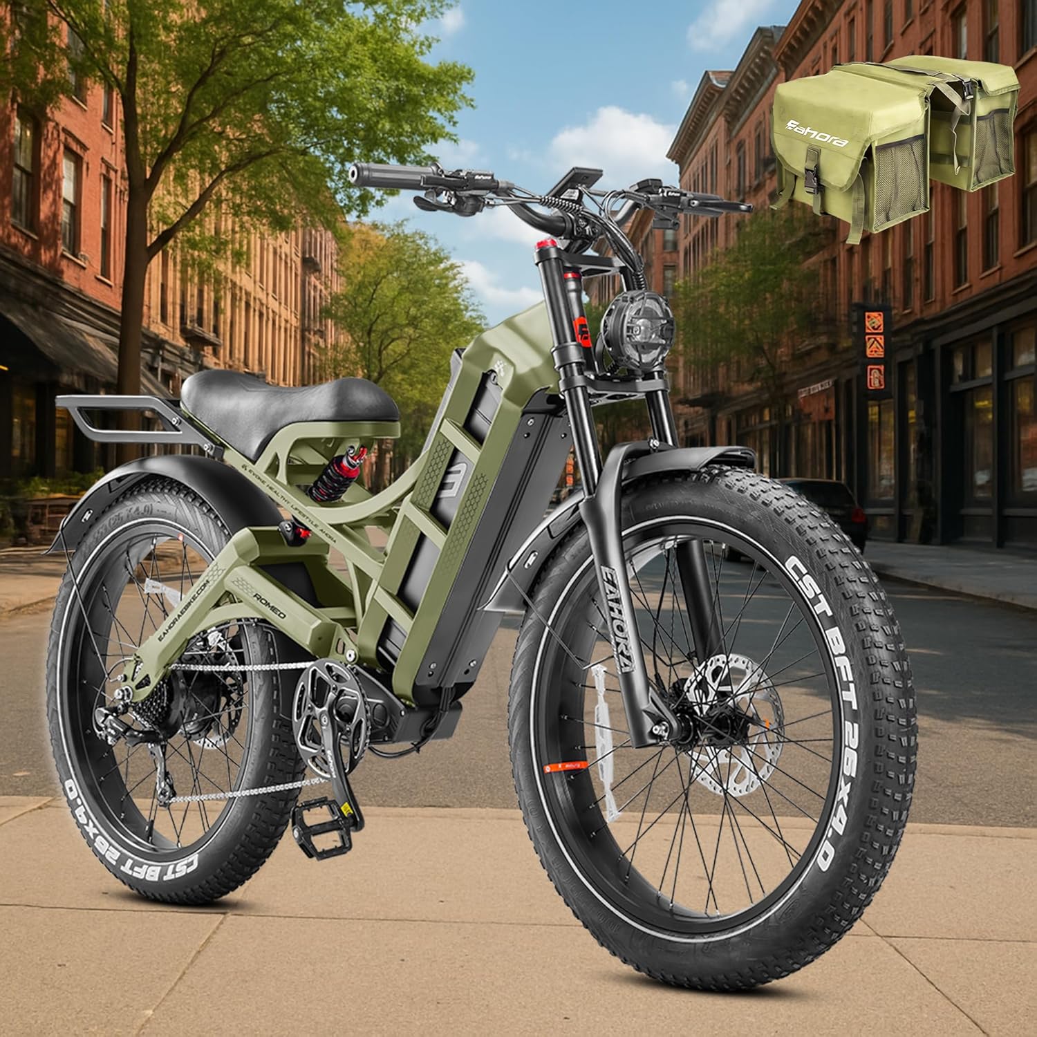 eAhora 2025 Romeo Pro Electric Bike for Adults 1600W Motor Electric Bicycle 29-34MPH 48V 60Ah 100-200Miles Long Range 26 * 4.0 Fat Tire Full Suspension Electric Mountain Bike with Rack+Bag Green