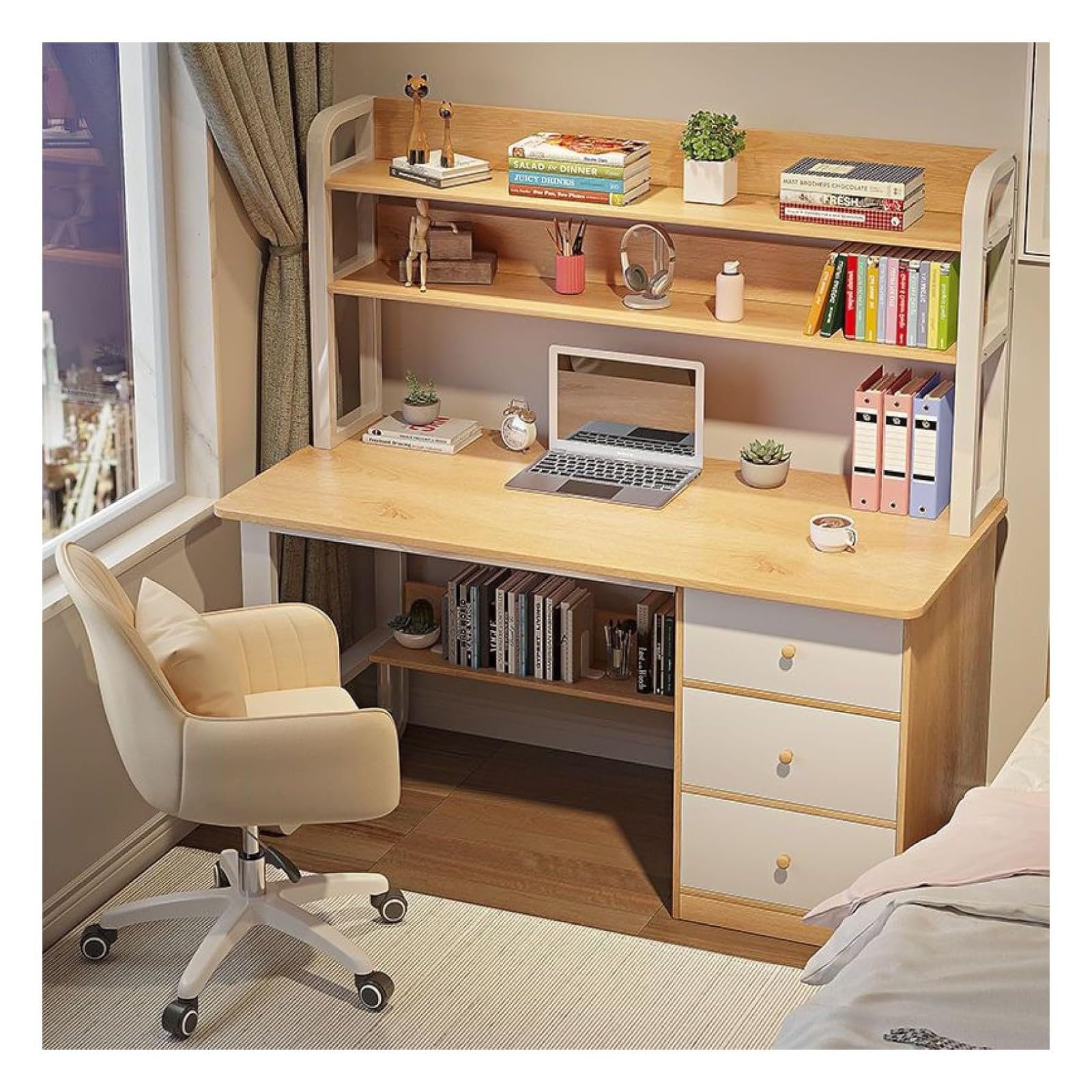 Wdsopk Oak Computer Desk Home Office Desk Writing Desk With Storage Shelves And 3 Drawers, Bookshelf Workstation For Study Play Work Bedroom Home Office（-39 In）