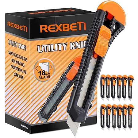 REXBETI 12-Pack Utility Knife, Retractable Box Cutter for Cartons, Cardboard and Boxes, 18mm Wider Razor Sharp Blade, Smooth Mechanism, Perfect for Office and Home use
