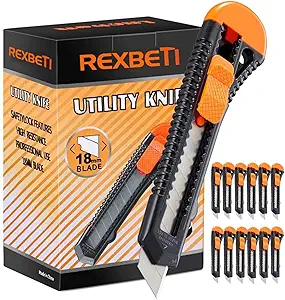 REXBETI 12-Pack Utility Knife, Retractable Box Cutter for Cartons, Cardboard and Boxes, 18mm Wider Razor Sharp Blade, Smooth Mechanism, Perfect for Office and Home use