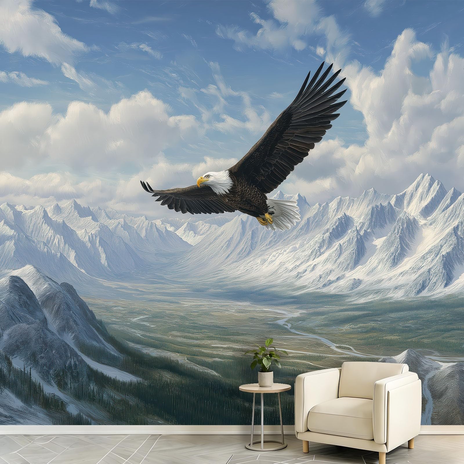 Panoramiczna tapeta z włókniny, natura, krajobraz, góry, śnieg, 400 x 280 cm, tapeta z włókniny, dekoracja do salonu i sypialni, efekt 3D, orzeł łąka