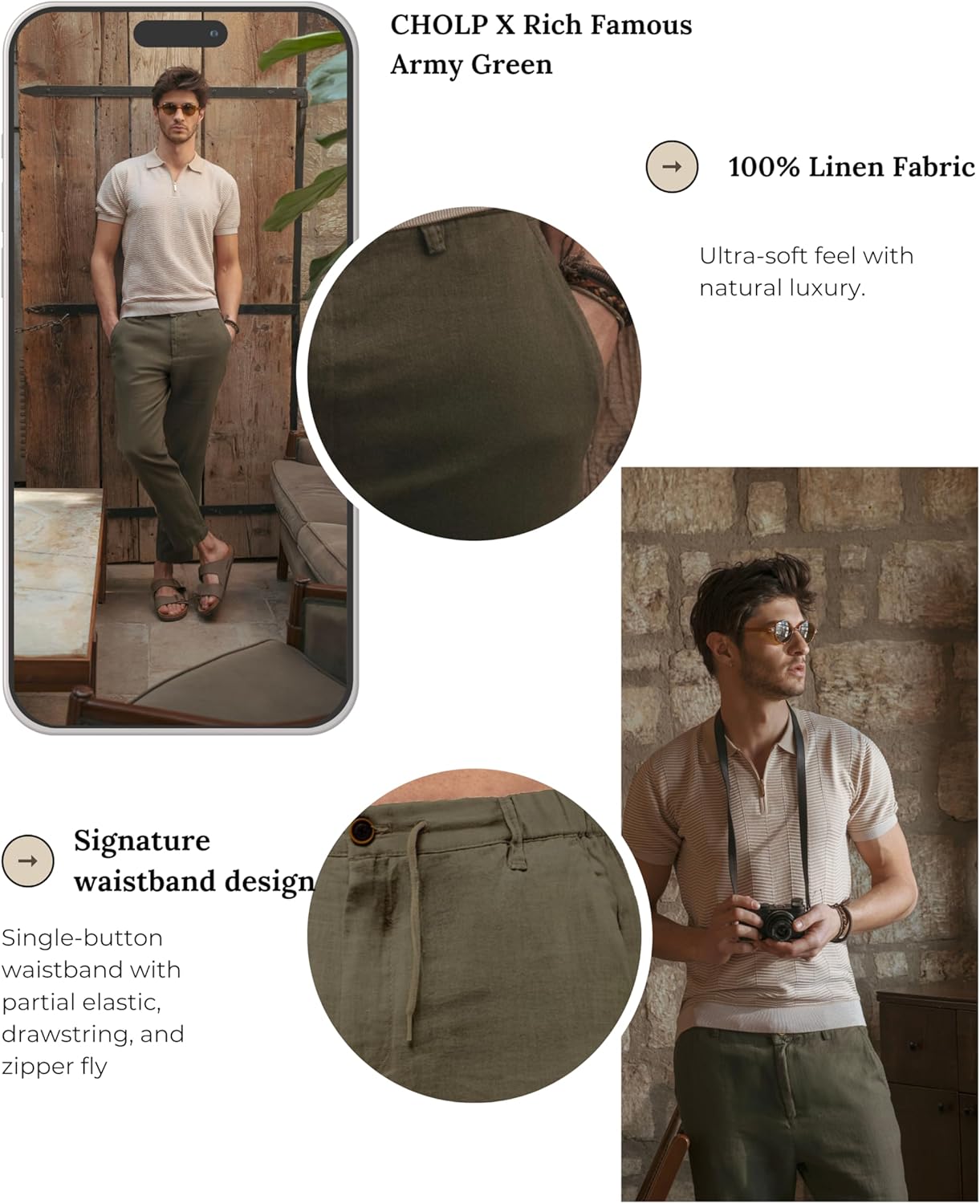 Cholp 100% Linen Dress Casual Resort Pants for Men – Relaxed Fit Drawstring Summer Trousers | Rich Famous Collection - Image 2