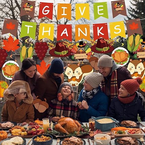 Miniatura 6 de Decoraciones de Acción de Gracias, pancarta de agradecimiento y pavo y calabaza, arce, remolinos colgantes para interiores, hogar, oficina, aula,