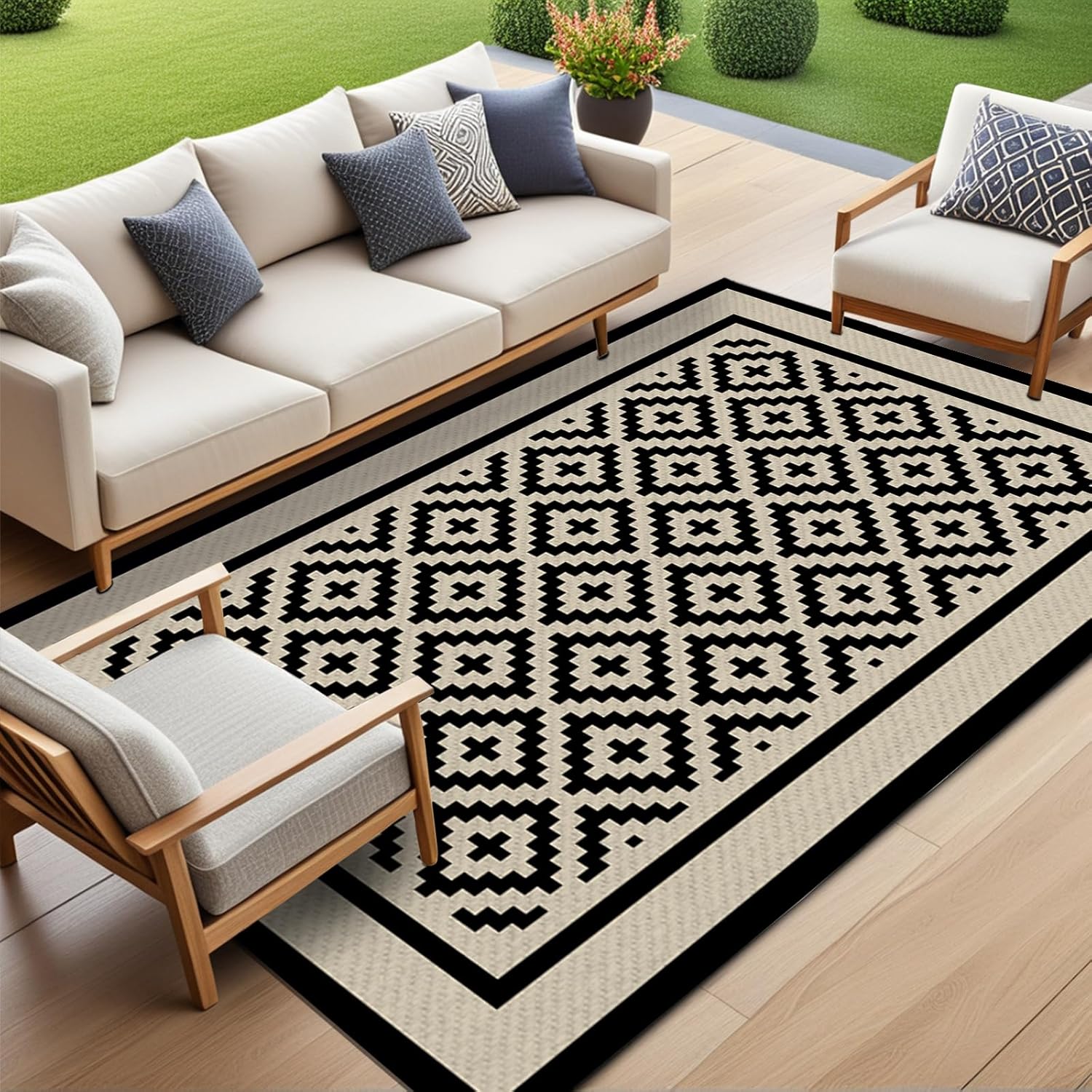 Outdoor Rugs for Patio, Waterproof Plastic Outdoor Rug, Square Outside Rug 5x8 ft, Geometric Area Rug, Outdoor Mat Carpet for Porch, Deck, Balcony, Picnic, Beach, Camper, RV, Geometry-Beige & Black