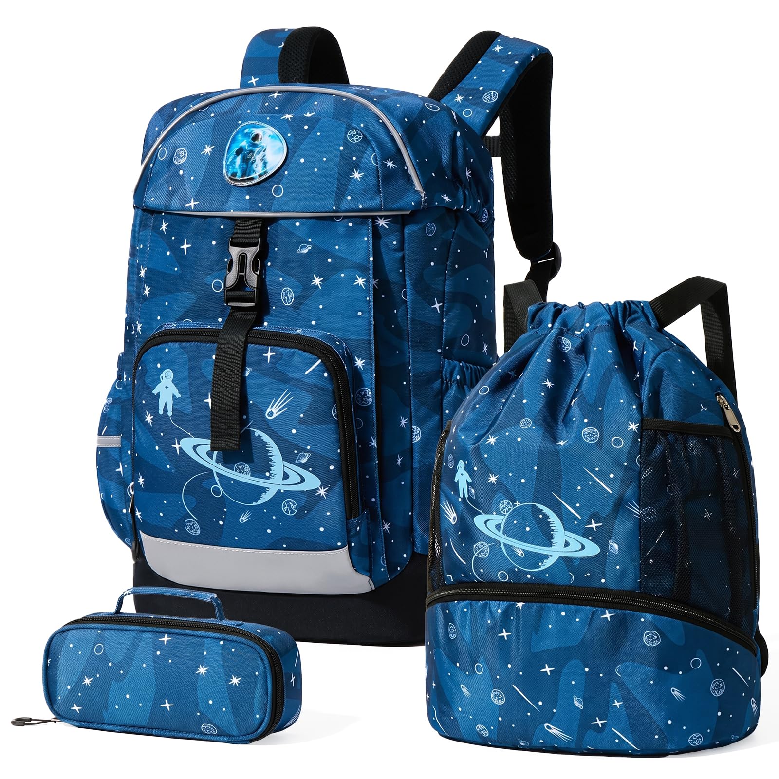 Amythe Cartable Ergonomique Garçon Set 3 Pièces CP-CM2, Ceinture Amovible | Enfant Sac à Cordon Chaussures, Pochette Compartimentée, Boucle de Poitrine, Bandes Réfléchissantes, Housse de Pluie