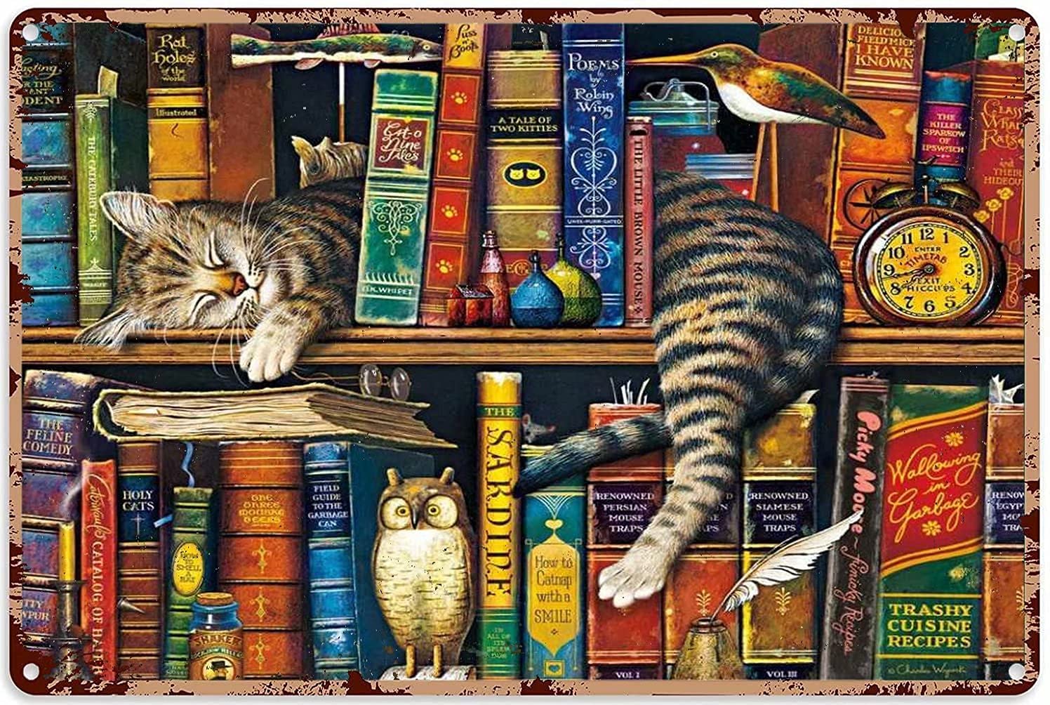 Lawenp Library Cat Metal Tin Sign,Vintage Wall Decor Aluminum Poster for Library Home Bar Cafe Garage 12x16 Inch
