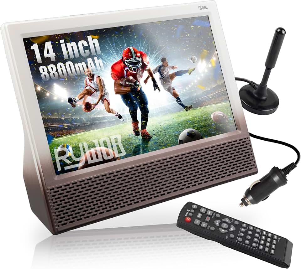 TV portátil de 35 cm com antena, bateria recarregável embutida de 8800 mAh, televisão digital ATSC com portas de cartão HDMI/USB/TF, alto-falantes estéreos para acampamento, cozinha, carro