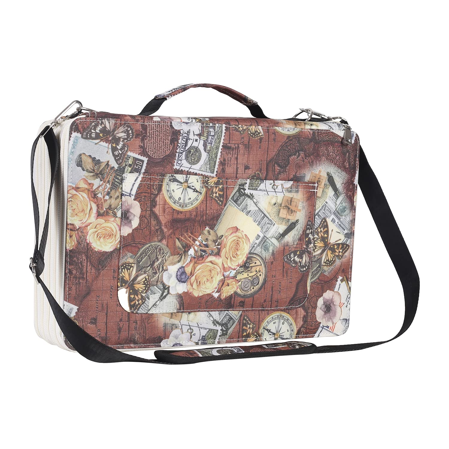 Shulaner Pencil Case Slot Holds 500 Colored Pencils or 340 Color Gel Pens with Zipper Closure Large Capacity Retro Style Element Pattern Pen Organizer Bag with Shoulder Strap (Brown)