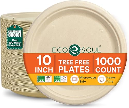Ecosoul - Platos de papel 100 % compostables de 10 pulgadas (paquete de 1000) desechables para fiestas, platos de desierto ecológicos, desechables,