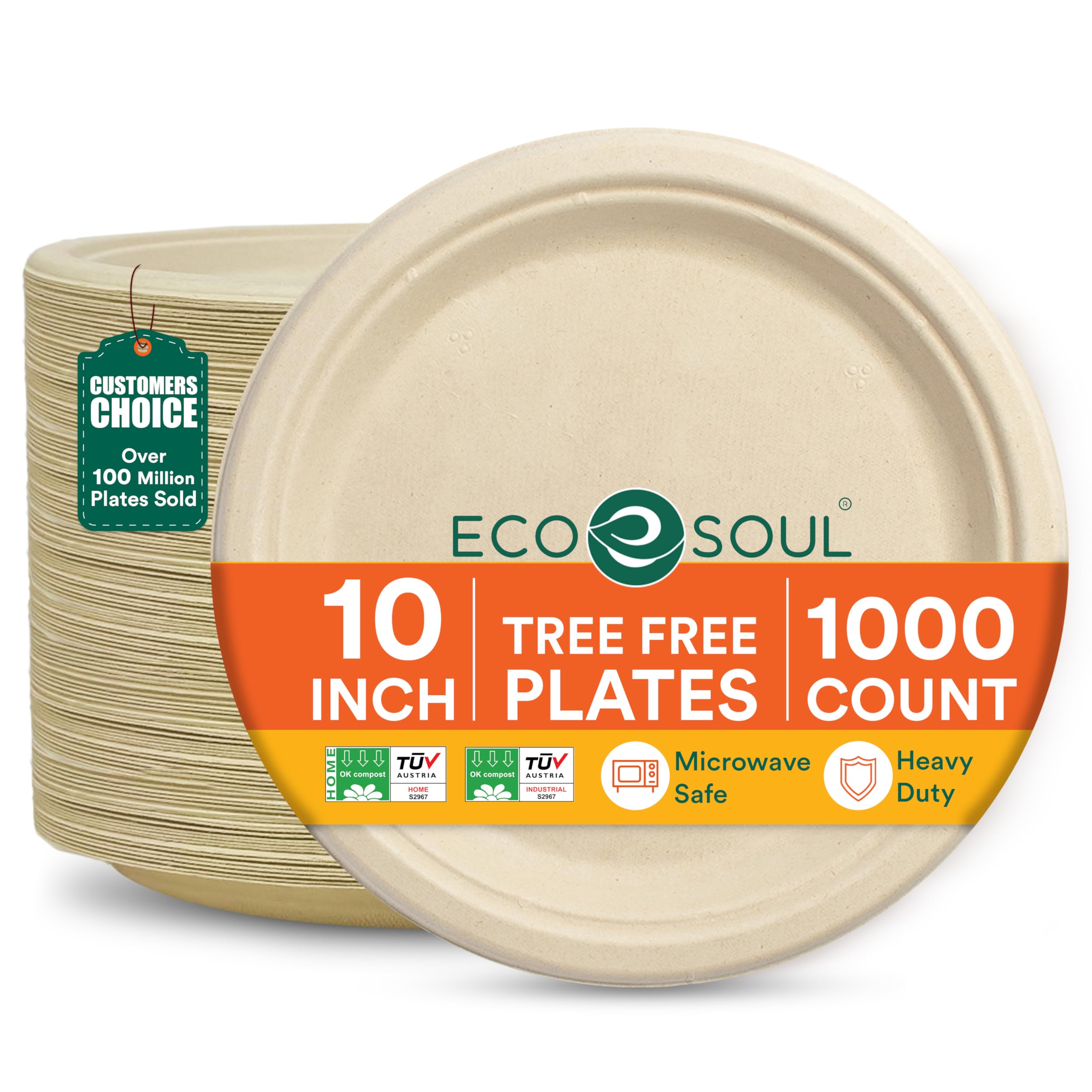 Ecosoul 100%堆肥化可能 10インチペーパープレート [1000枚パック] 使い捨てパーティープレート 丈夫 環境に優しいデザートプレート 使い捨て 生分解性 未晒サトウキビ エコプレート