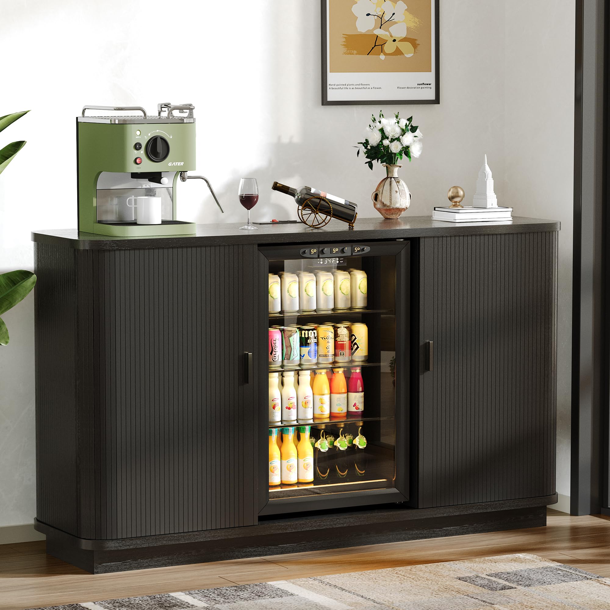 130 cm langes, geriffeltes Buffet-Sideboard mit Kühlschrankfach, Retro-Weinbarschrank mit Rolltüren, verstellbaren Einlegeböden und Weinregal für Küche und Esszimmer