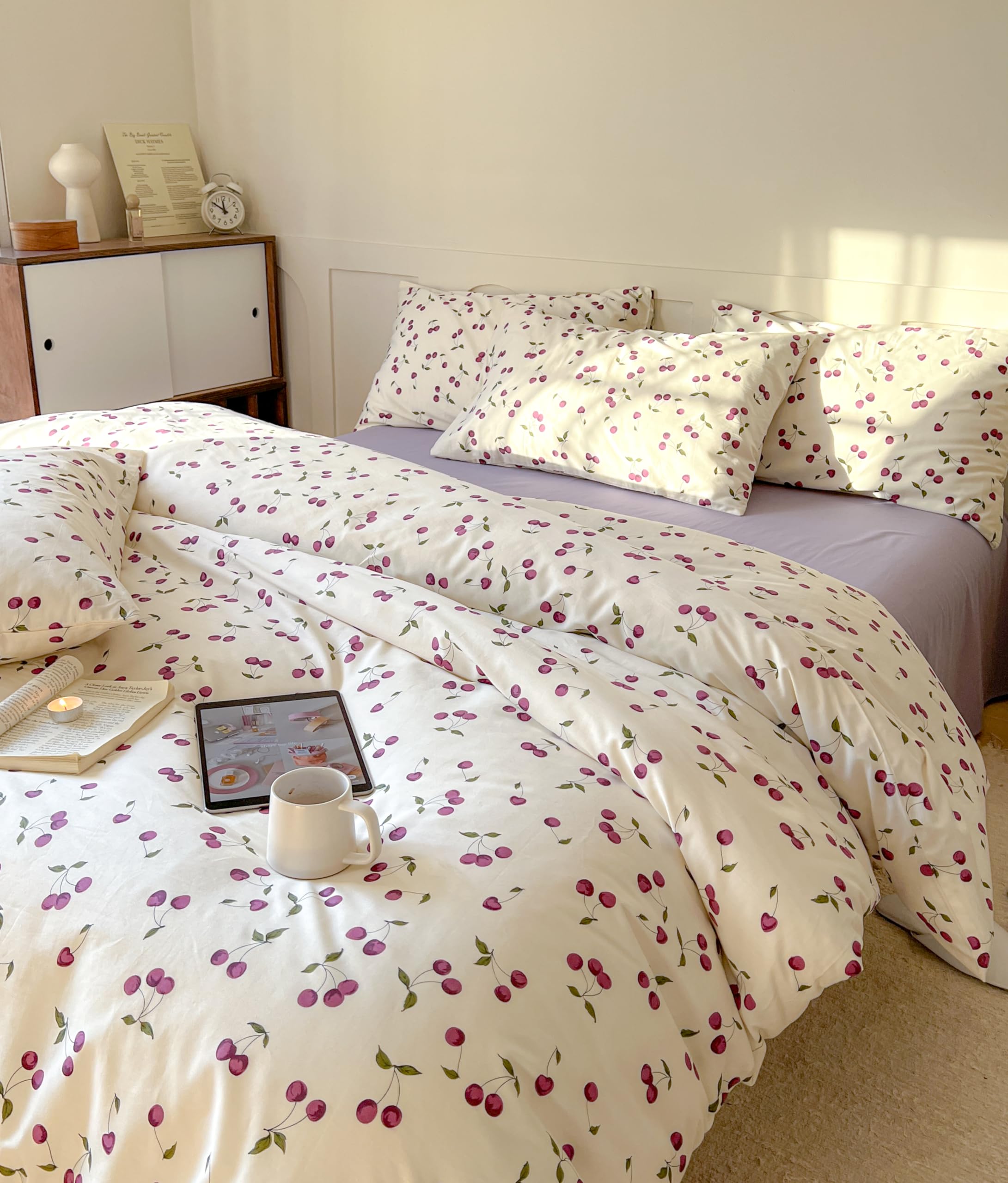 AOJIM - Cherry Print Duvet Cover Set 100% Cotton Aesthetic Fruit Pattern Duvet Cover 3 Pieces Duvet Cover (Twin), No Comforter - Image 4