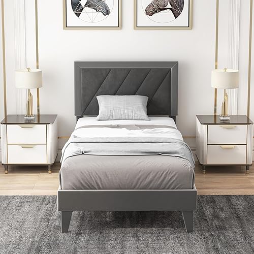 Giantex Base de cama de terciopelo de tamaño individual con cabecero, moderna plataforma tapizada, base de colchón con 12 listones de madera