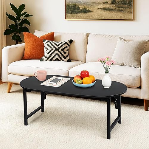 Miniatura 2 de CADUKE Folding Coffee Table, Oval Small Coffee Table for Living Room Black Center Table Leg Latches Portable Tables for Small Spaces, Home Office
