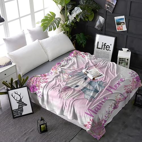Miniatura 262 de Manta personalizada con diseño de jirafa y elefante, manta de franela suave, acogedora y ligera con nombre para sofá, cama, sofá, regalo, unisex