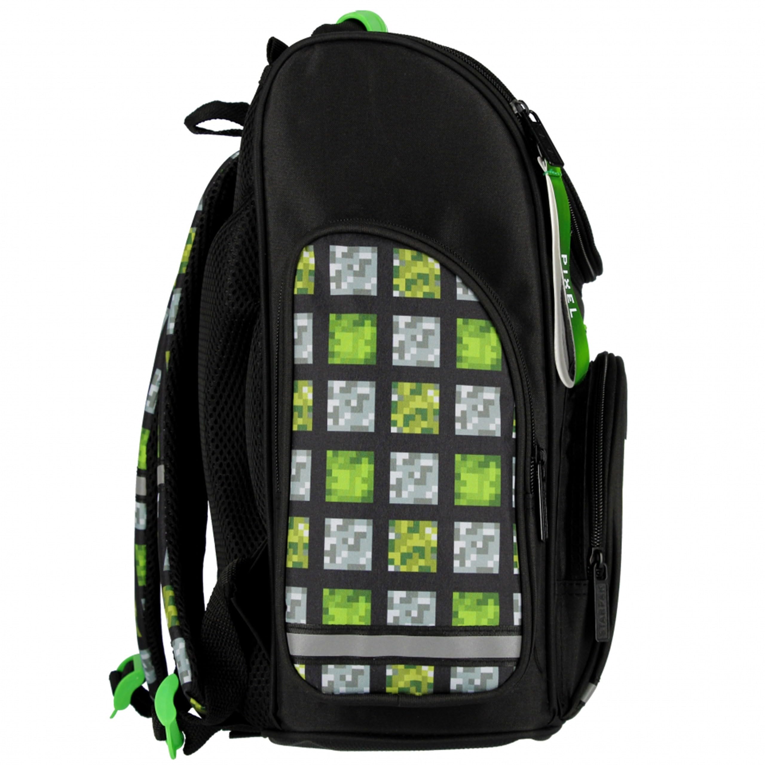 sarcia.eu Pixel Game schwarz-grüner Schulrucksack für Jungen, Schulranzen 37x32x20cm