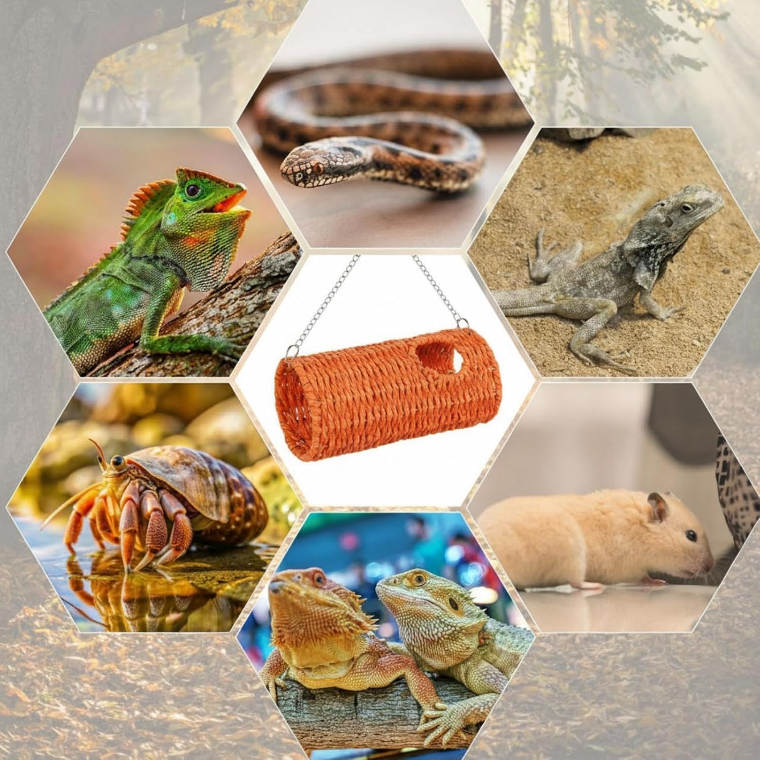 CroBlissful Bearded Dragon Tank Accessories Toys Reptile Hide Hollow Cave Hideout with Suction Cup and Chain Gecko Hide Reptile Tank Decor for Lizard Snake Hermit Crab(Long Cylindrical,Orange)
