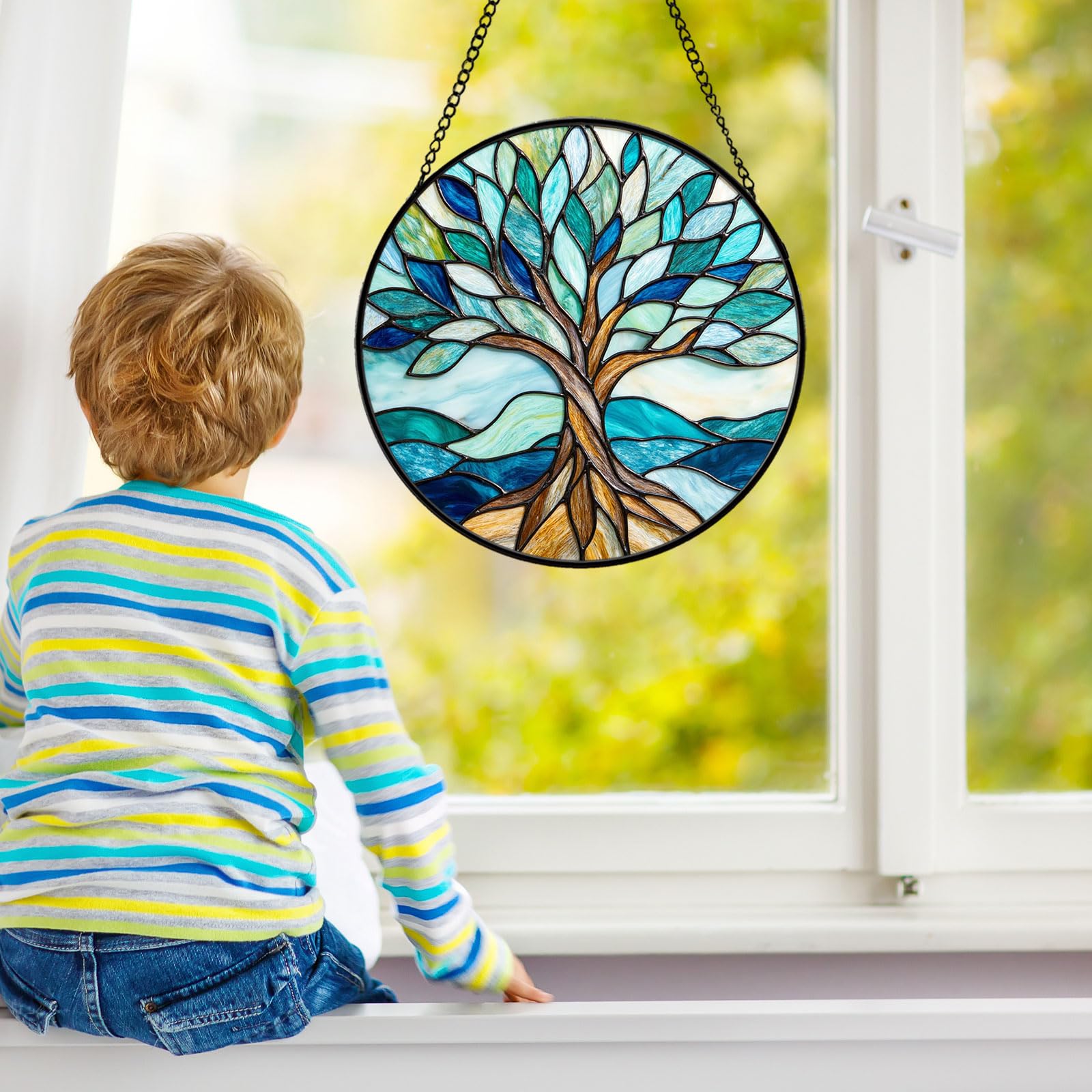 Atrapasueños colgante de ventana con diseño de árbol de la vida, atrapasueños costeros azul océano con olas rodantes, regalo de decoración del hogar de cristal para mujeres, madre jardineras