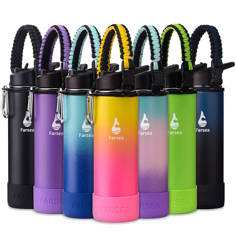 Farsea Insulated Water Bottle With Paracord Handle, Protective Boot and 2 Lids (Straw Lid & Spout Lid), Stainless Steel Water Bottle Wide Mouth, Double Wall Sweat-Proof BPA-Free, 24 oz