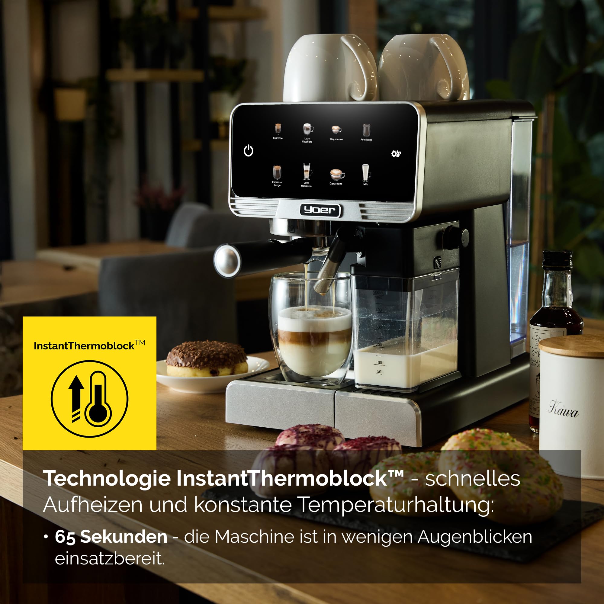 Yoer Kaffeevollautomat mit Milchsystem, Kaffeemaschine, 8 automatische Programme, Touchscreen, 20 bar, 1350W, Milchaufschäumer, Espresso, Cappuccino & Latte, 2-Tassen-Funktion, Creamo EMF03BK, schwarz