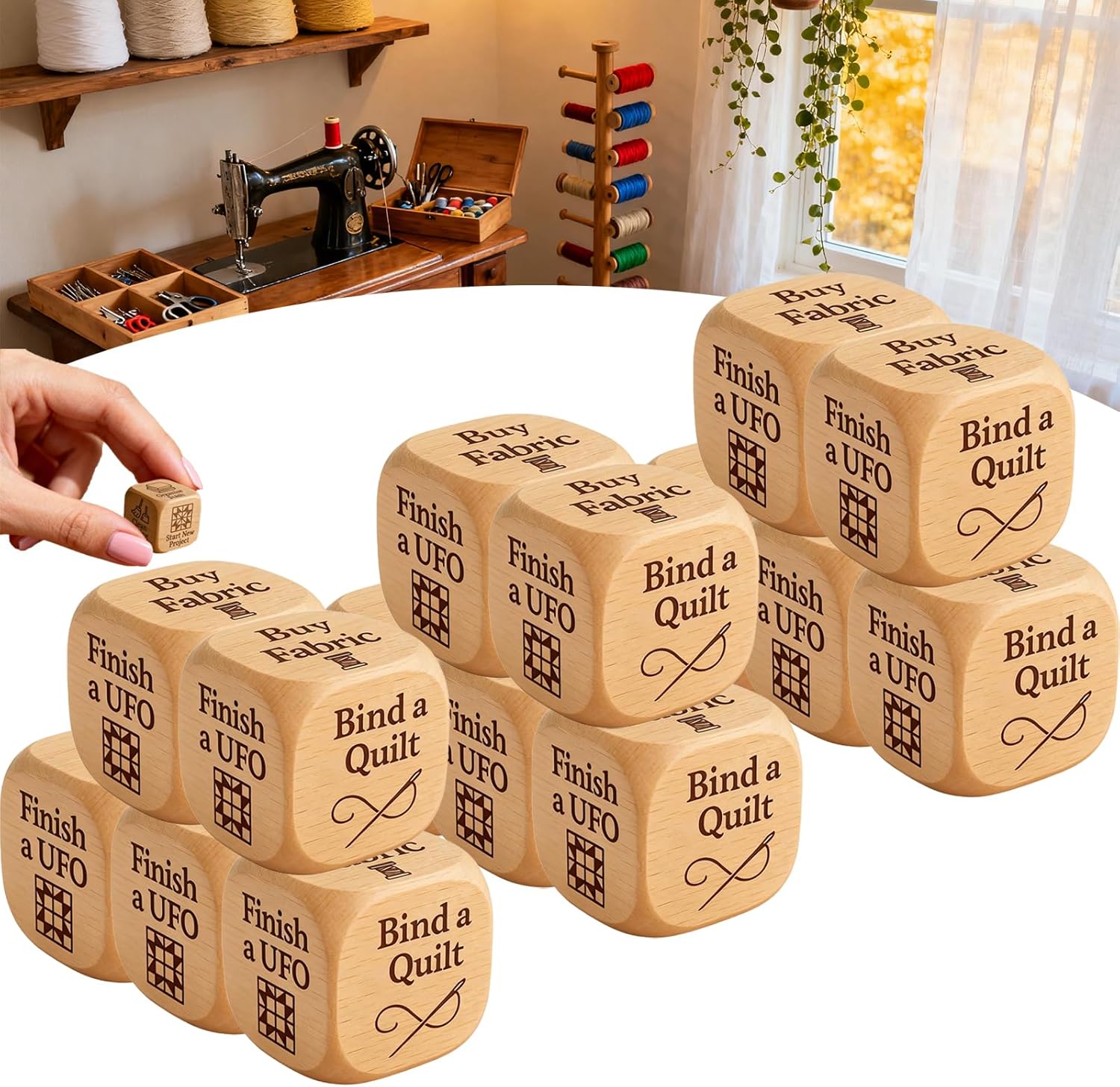 Quilter’s Dice, Handmade Wooden Quilter’s Decision Dice with 6 Engraved Quilting Tasks, Fun Sewing Gift for Quilters, DIY Sewing Enthusiasts, Sewists & Craft Lovers (15pcs)