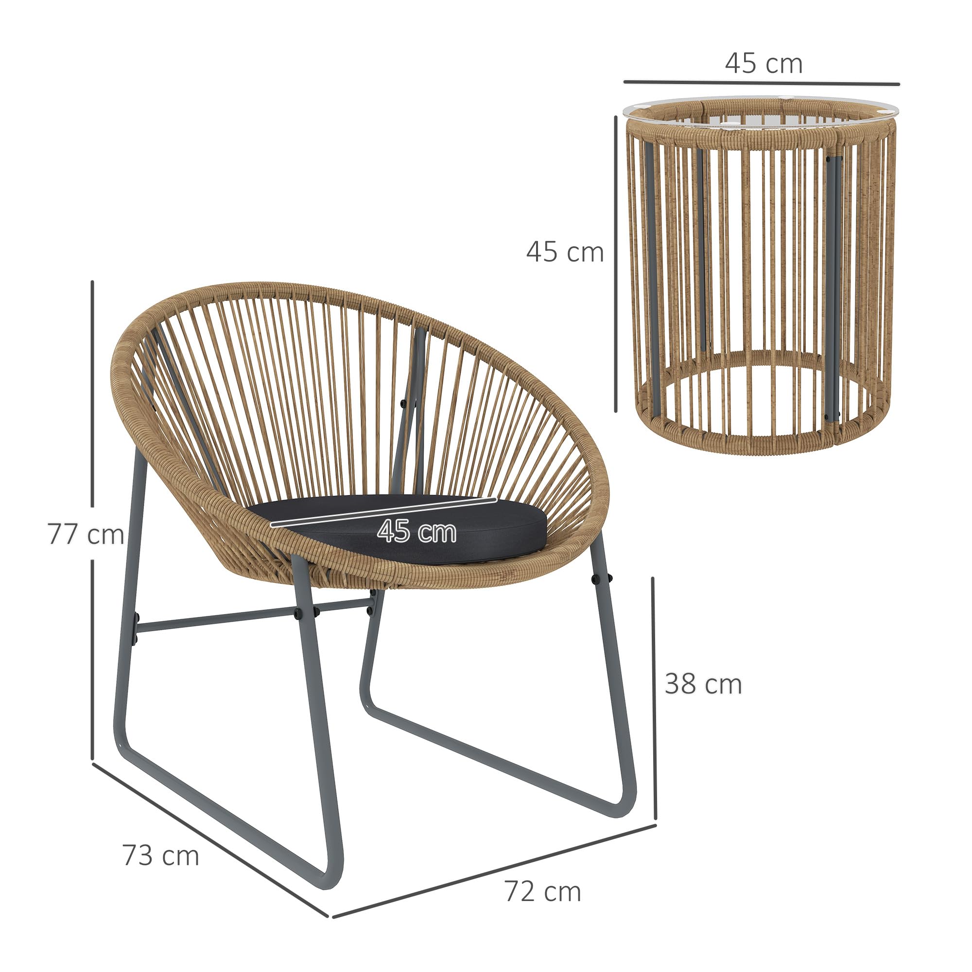 Outsunny Set da Giardino 3 Pezzi Rattan PE Acciaio, 2 Sedie Cuscini Lavabili Tavolino Caffè Vetro, Mobili Balcone Patio Cortile