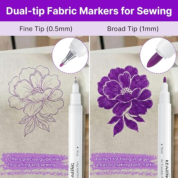 Avenuebool Fabric Markers for Sewing, 5 Count Pack - 4 Air Erasable Fabric Marking Pens + 1 Eraser Pen, Disappearing Ink Pen for Fabrics Sewing Quilting Embroidery Supplies (Purple+Pink, Air Erasable)