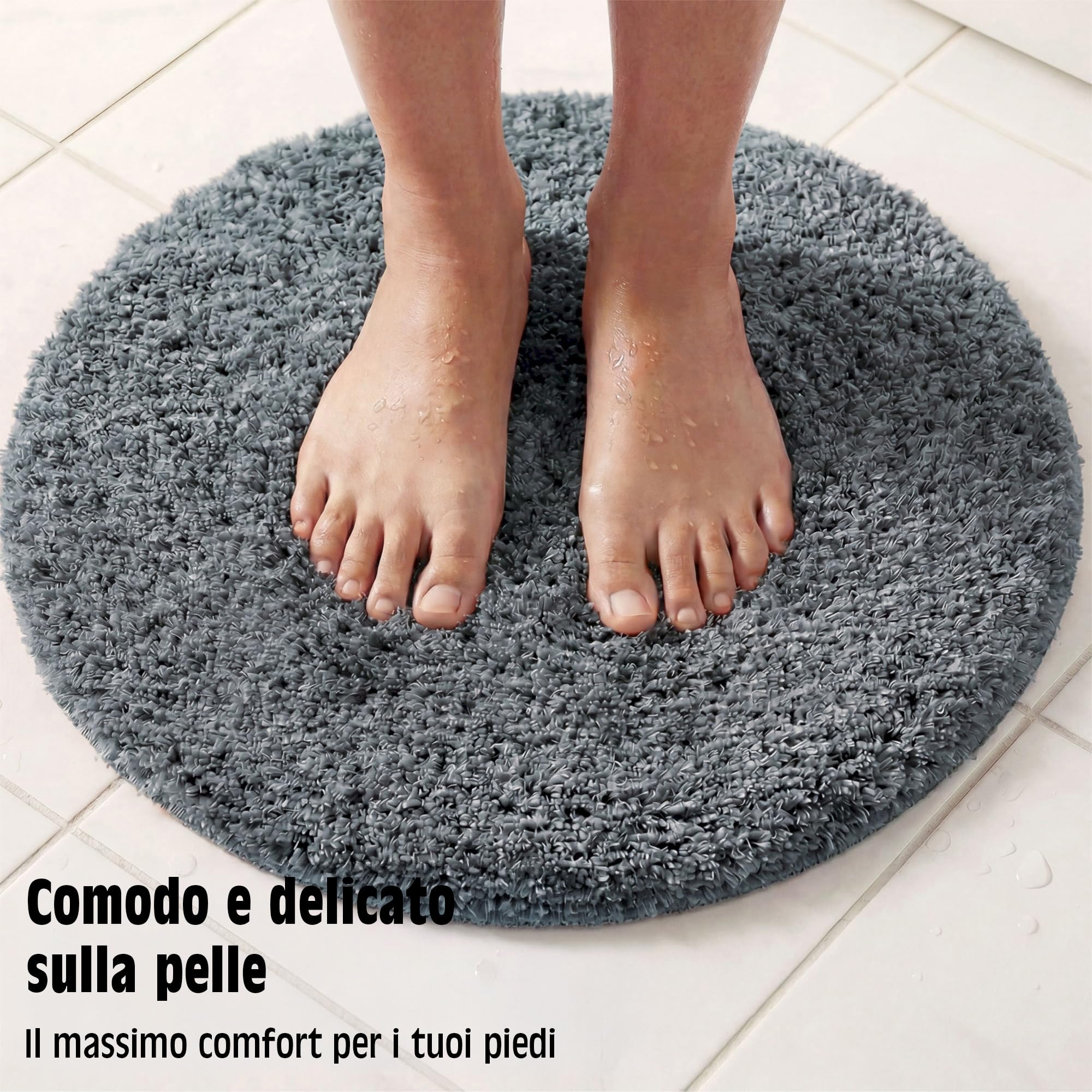 Tappeto bagno rotondo Ø 56 cm, microfibra shaggy a pelo lungo, grigio, antiscivolo e assorbente, lavabile in lavatrice 30°C e asciugabile a bassa temperatura, adatto a riscaldamento a pavimento