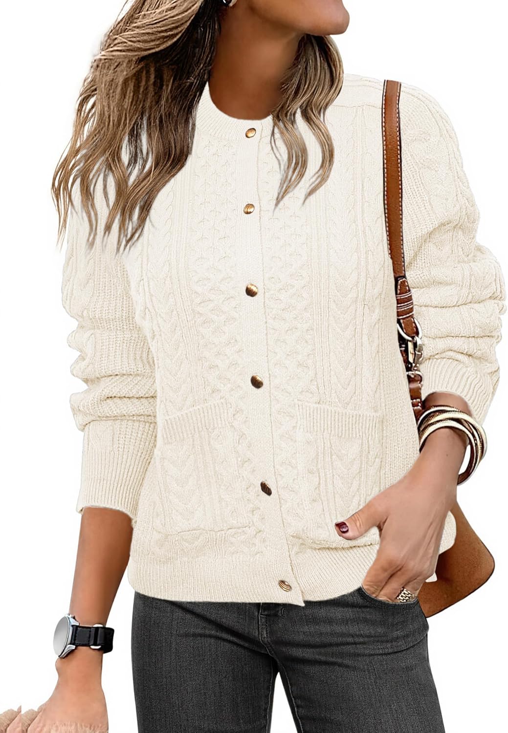 Glamaker Cable Knit Chunky Cardigan Sweater Long Sleeve Crew Neck Button Down Knit Fall Sweaters Trendy Outfits