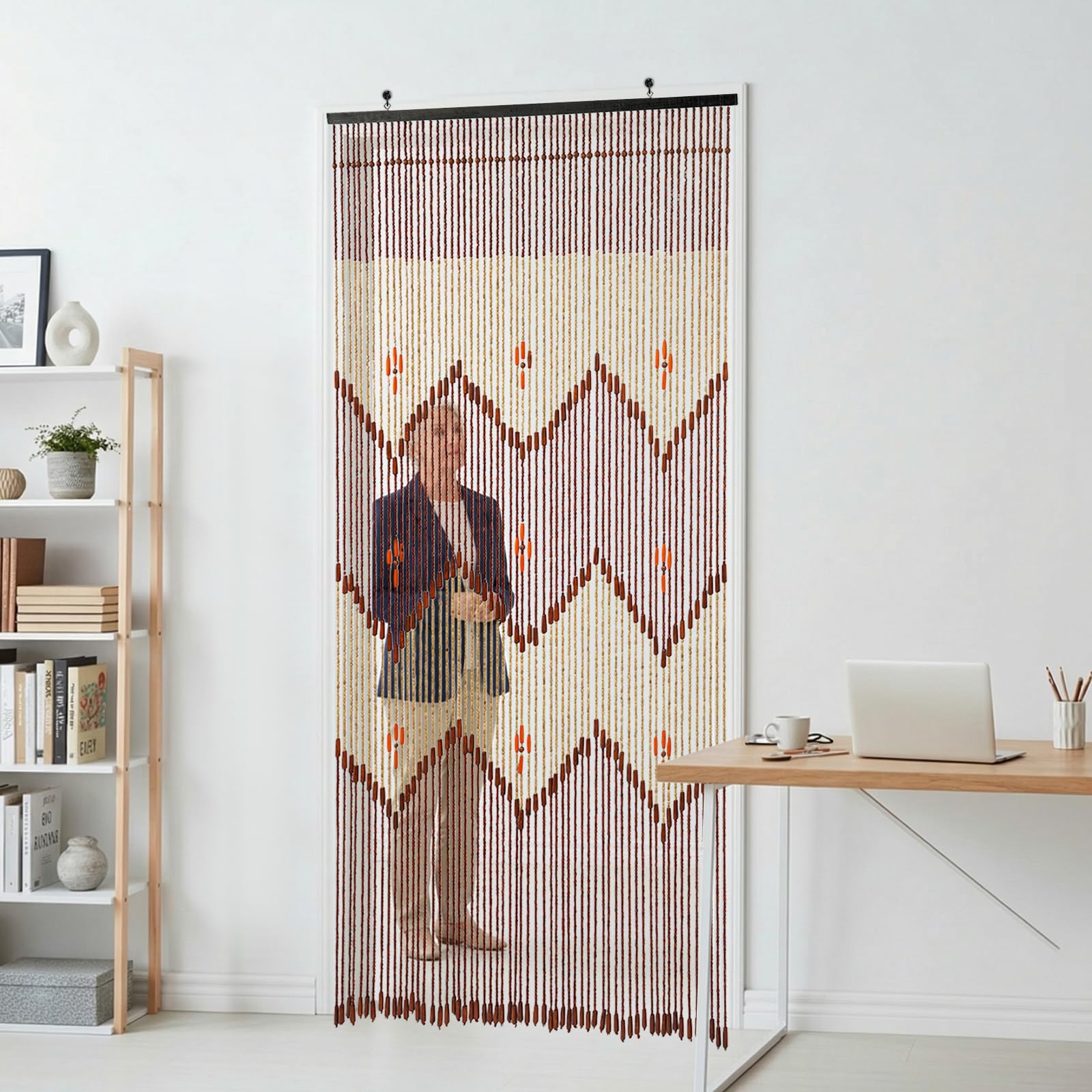 Rideau de Porte en Perles de Bois 90x194 cm, Rideau décoratif bohème rétro avec 60 brins, séparation de pièce pour Porte entrée Salon Chambre Balcon