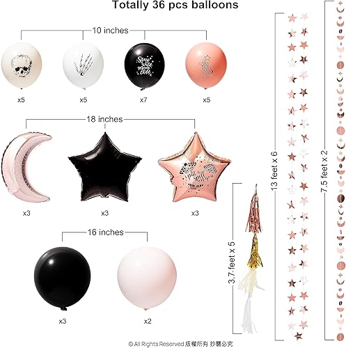 Miniatura 2 de Cheerland Guirnalda de globos bohemios de oro rosa negro, decoración de fiesta de Halloween, decoración de fiesta de Halloween, estrella, luna,
