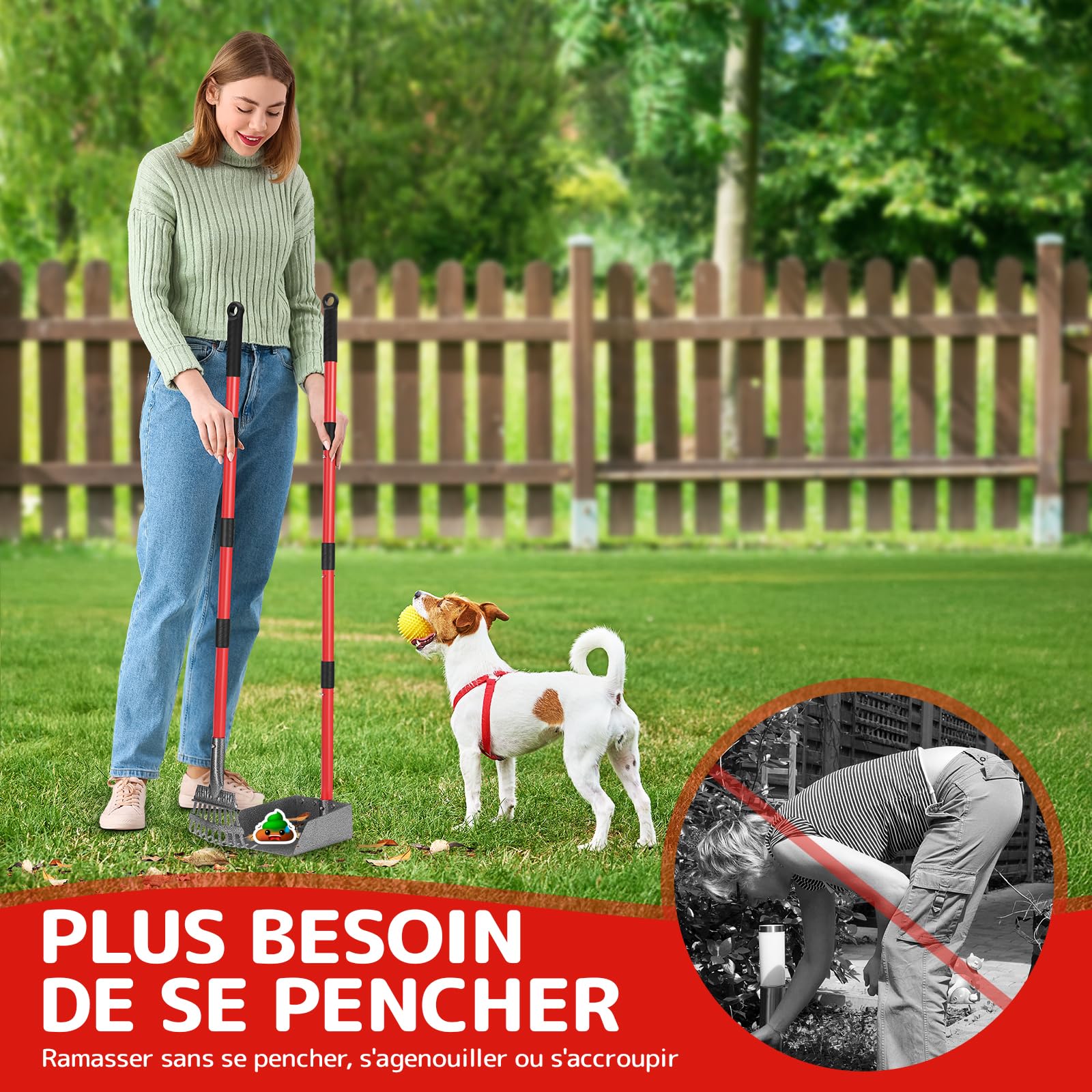 Ramasse Crotte Chien, Pelle a Crotte pour Chien en Métal, Longue Poignée en Acier Inoxydable à Utiliser sur la Cour, l'herbe, la Terre ou Le Gravier (Rouge)