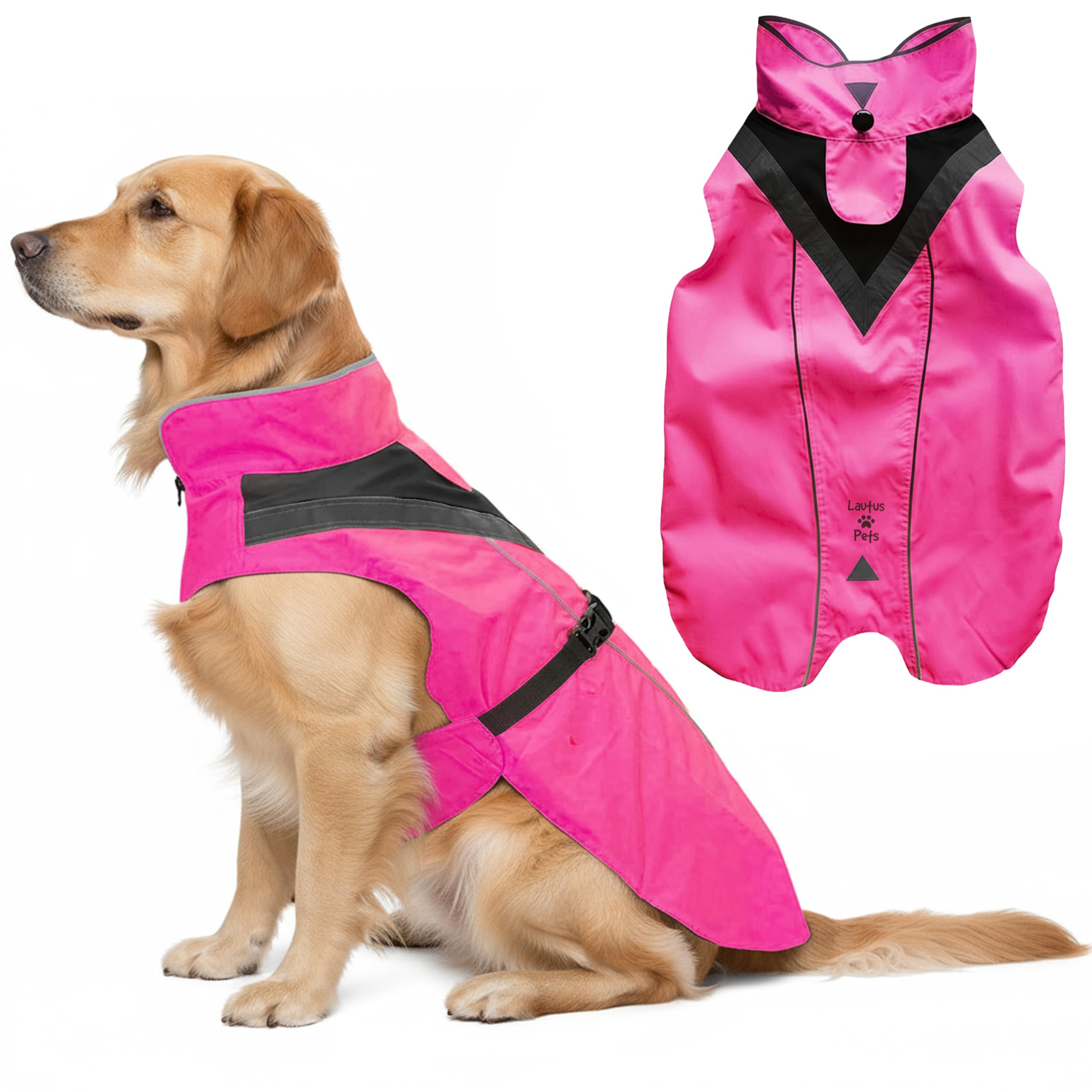 Waterproof Dog Raincoat - Reflective, Bright Pink Rain Coat with Leash Hole (L, Pink)