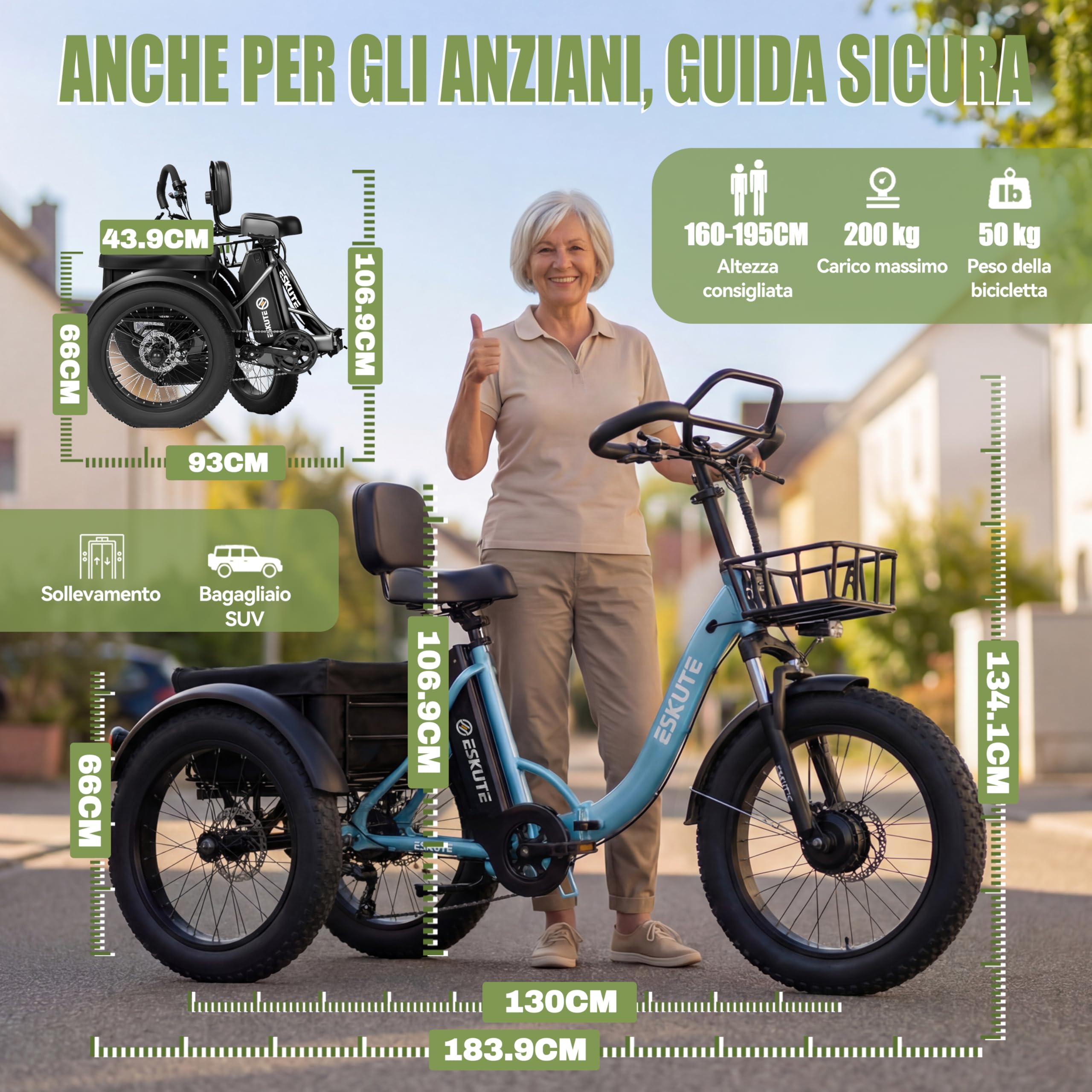 ESKUTE Triciclo Elettrico per Adulti T302 Pro, Fat Bike Elettrica 20×4.0 Pieghevole con Batteria Rimovibile 48V 20,8Ah, eBike a Tre Ruote con Motore 65Nm, Cambio 7 Velocità, Autonomia fino a 130 km