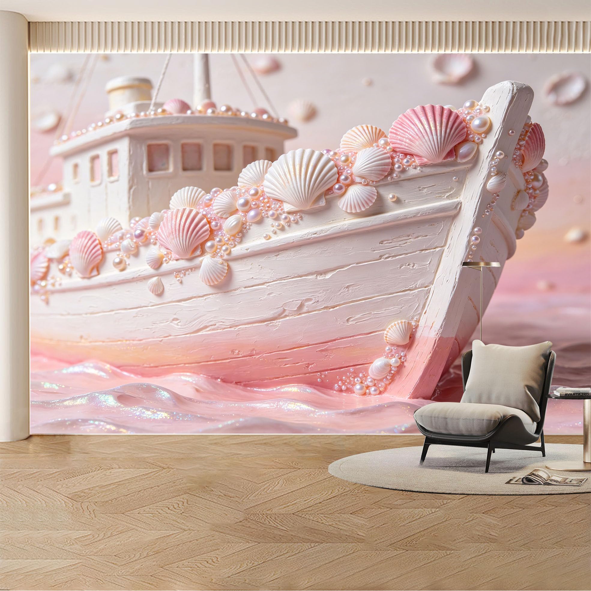 Custom Wall Mural Wallpaper Seashell Boat Ocean Landscape Nature 3D Effect Wall Decor Luxury Pastel Coastal Removable SelfAdhesive Large Photo for Living Room， Bedroom， Office