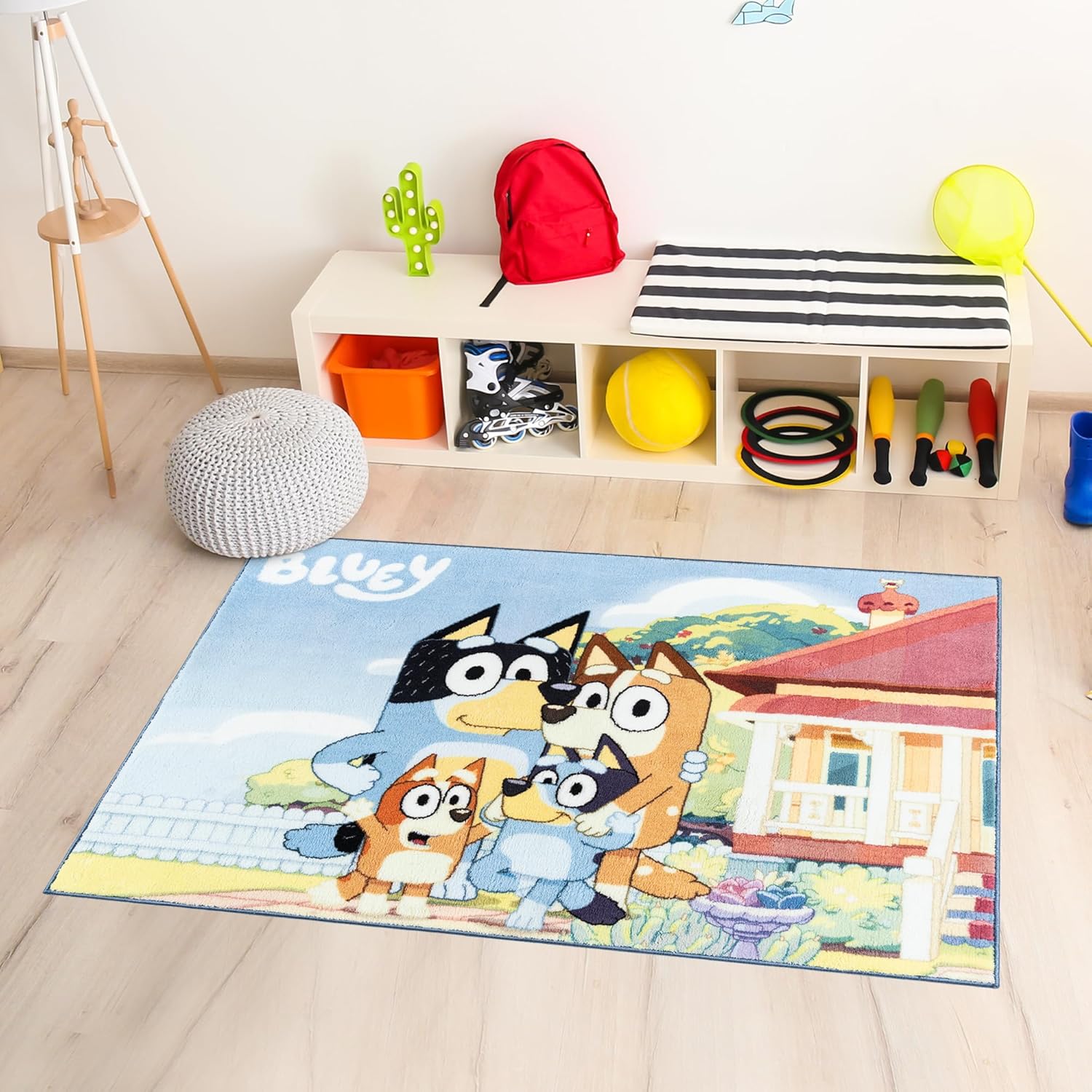 Gertmenian Bluey Indoor Area Rug - 3x5 Small, Non-Slip, Ideal for Children in Bedroom, Game Room, Classroom, Nursery or Play Area - Bluey Family, Blue/White, 28023