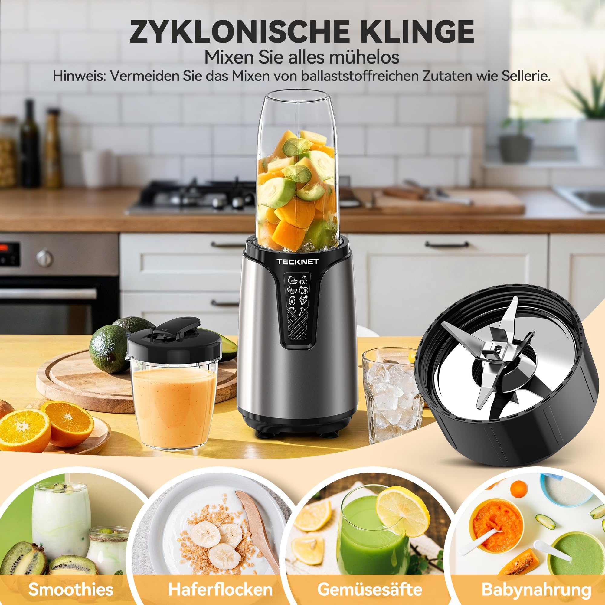 TECKNET 1000W Smoothie Maker, Smoothie Mixer mit 2 BPA-freie Becher (500ml&150ml), Standmixer Klein mit Kreuzklingen aus Edelstahl 304, Smoothie Maker to go für Milchshakes & Smoothie & Babynahrung
